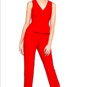 RED BCBG SLEEVELESS PEPLUM STRAIGHT LEG JUMPSUIT SIZE 12